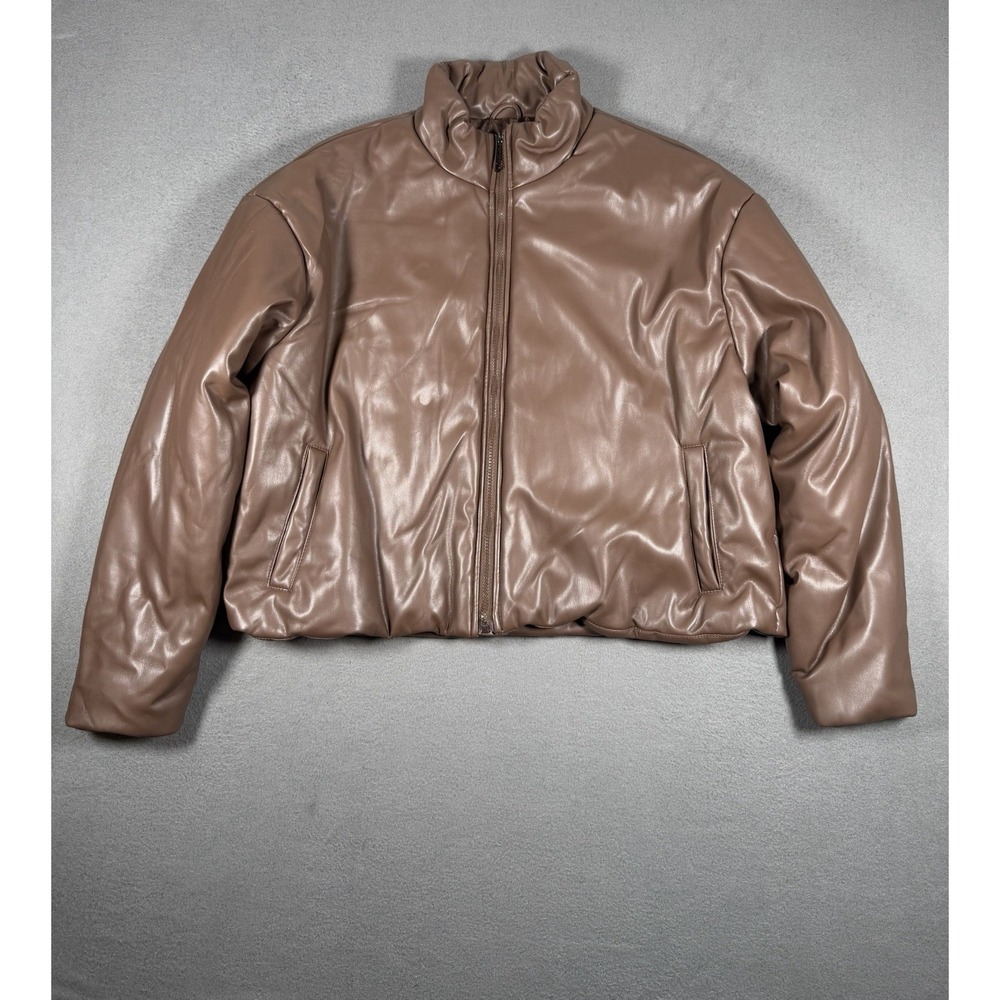 boohooMAN Mens Faux Leather Puffer Jacket Coat Brown Taupe Size M